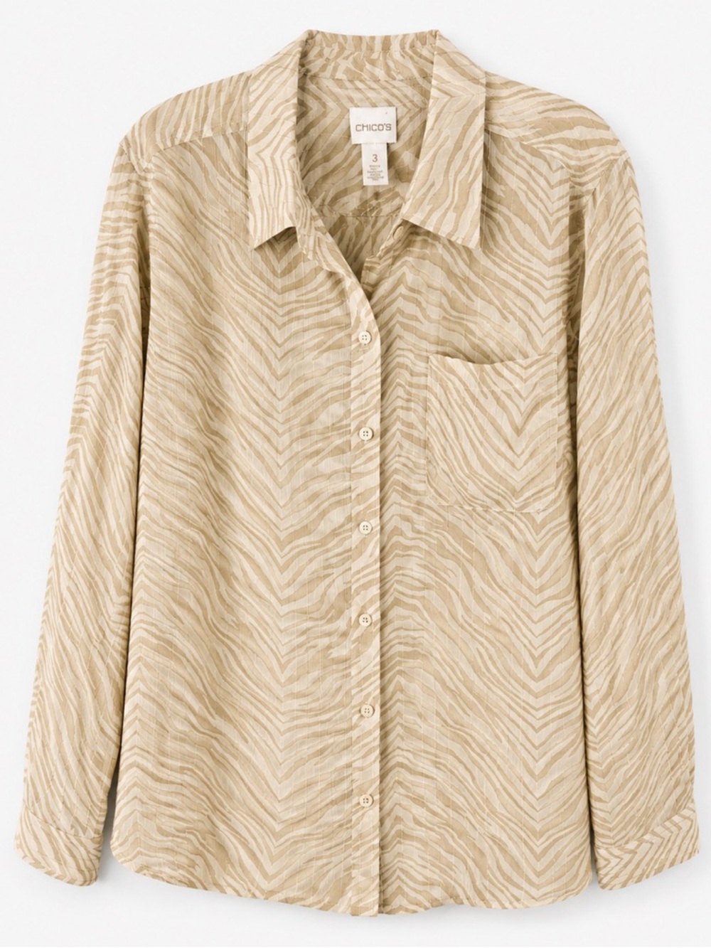 Chico's Sheer Zebra Print Metallic Stripe Button Up Blouse Tan Size XL